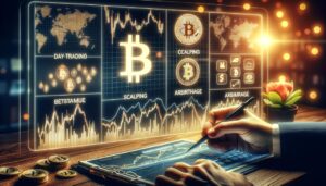 tela digital exibindo vários gráficos de negociação de Bitcoin, com um trader analisando os dados em primeiro plano e o logotipo do Bitcoin brilhando em segundo plano.
