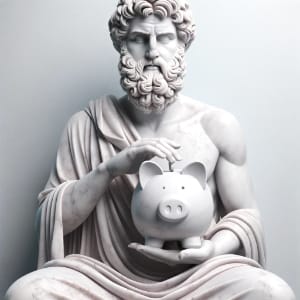 Gambar patung filsuf Yunani yang tenang memegang celengan, menandakan keselarasan ajaran Stoa dan kebijaksanaan finansial