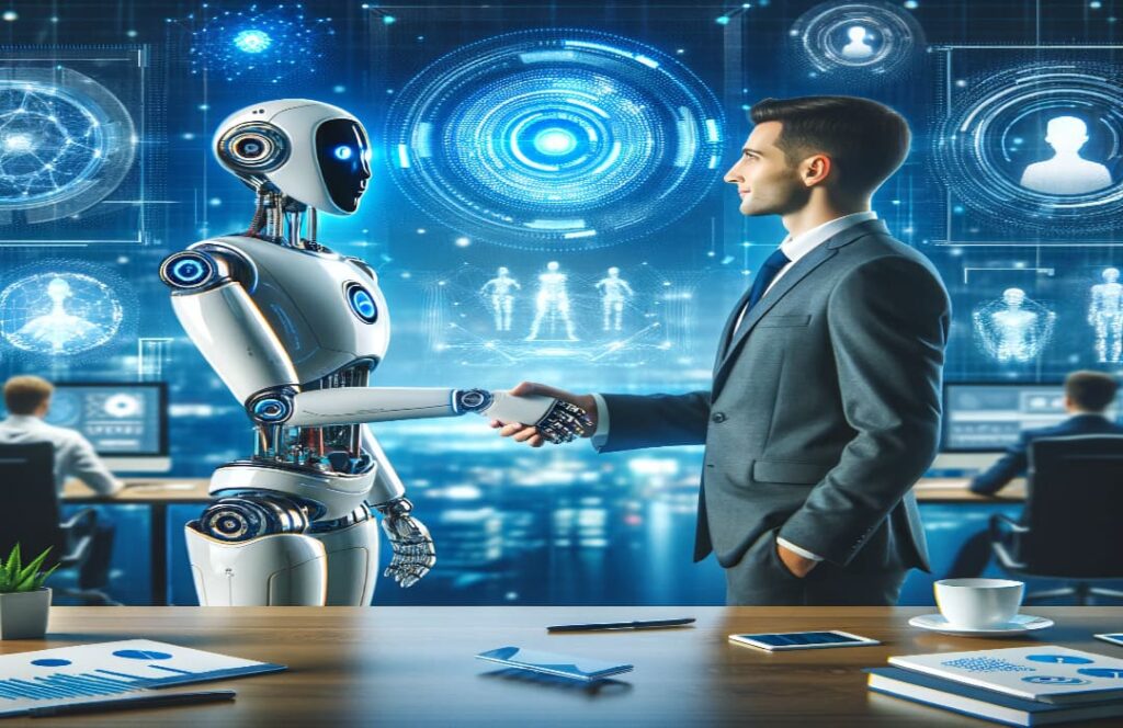 ہیومنائیڈ روبوٹ اور کاروباری پیشہ ور ایک ہائی ٹیک آفس میں ہاتھ ملاتے ہوئے، AI-انسانی تعاون کی علامت۔