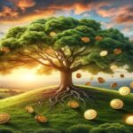 Pokok oak yang kukuh melambangkan pertumbuhan dividen, dengan syiling mewakili dividen yang jatuh dari daunnya pada waktu matahari terbenam.