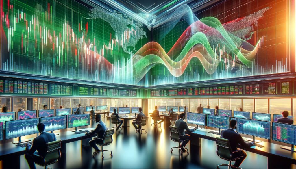 Grupo diversificado de traders concentrados em telas digitais com gráficos do mercado de ações e o indicador Parabolic SAR em um pregão moderno, transmitindo a urgência e sofisticação do day trading.